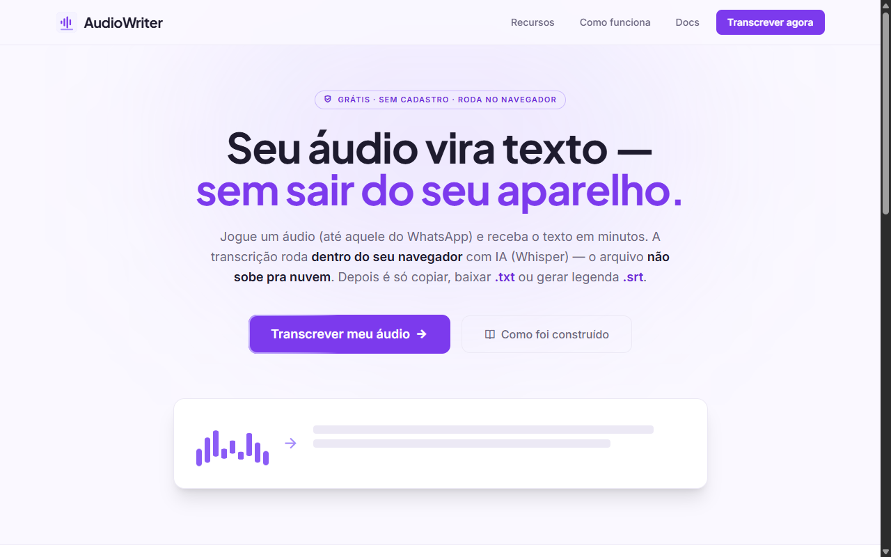 AudioWriter — transcrever áudio em texto no navegador, com IA Whisper