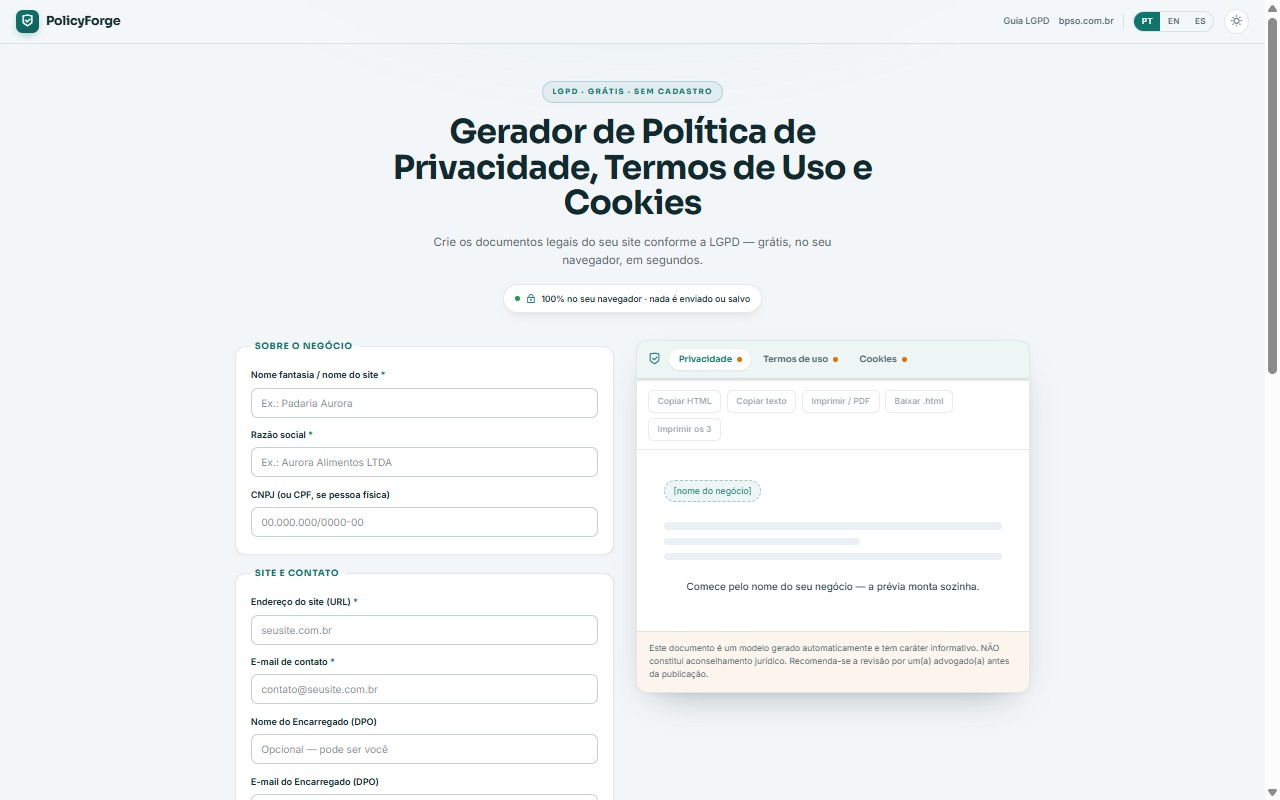 PolicyForge — gerador de documentos LGPD