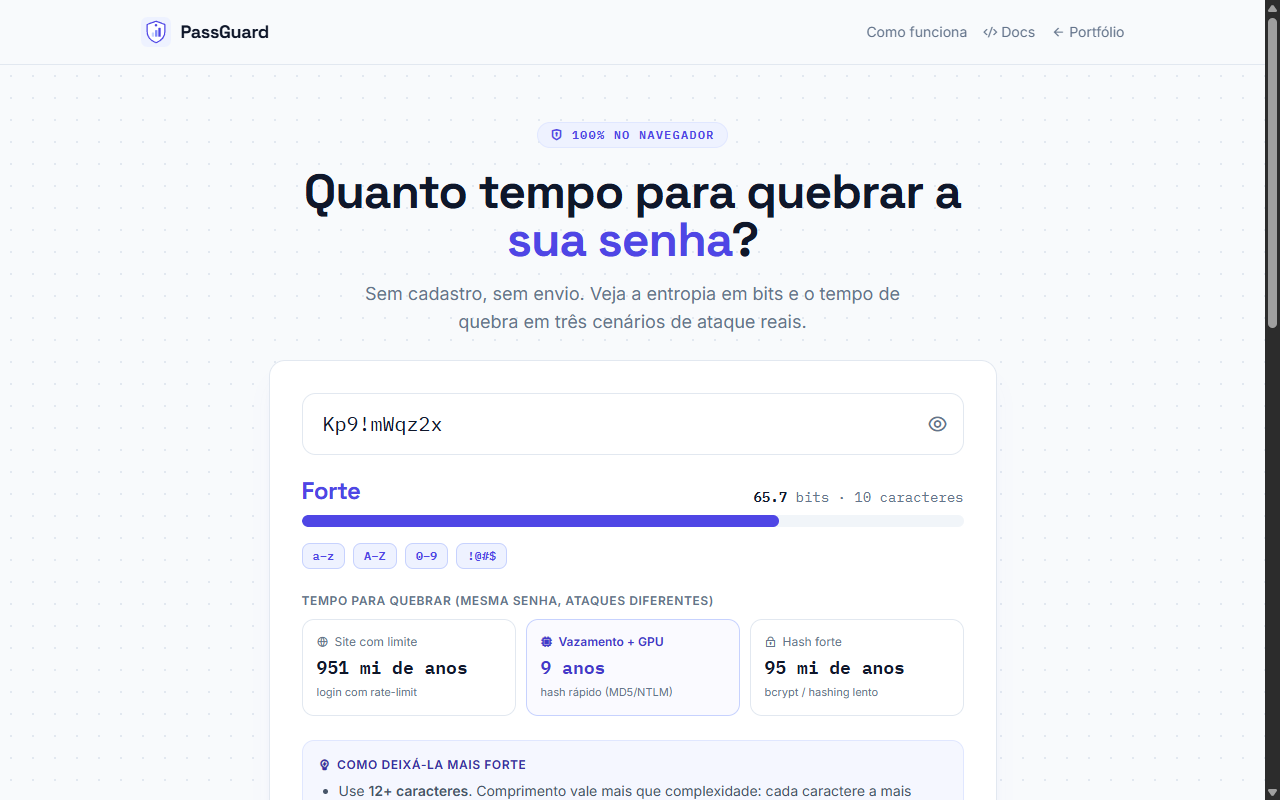 PassGuard — medidor de força de senha com tempo de quebra em 3 velocidades de ataque