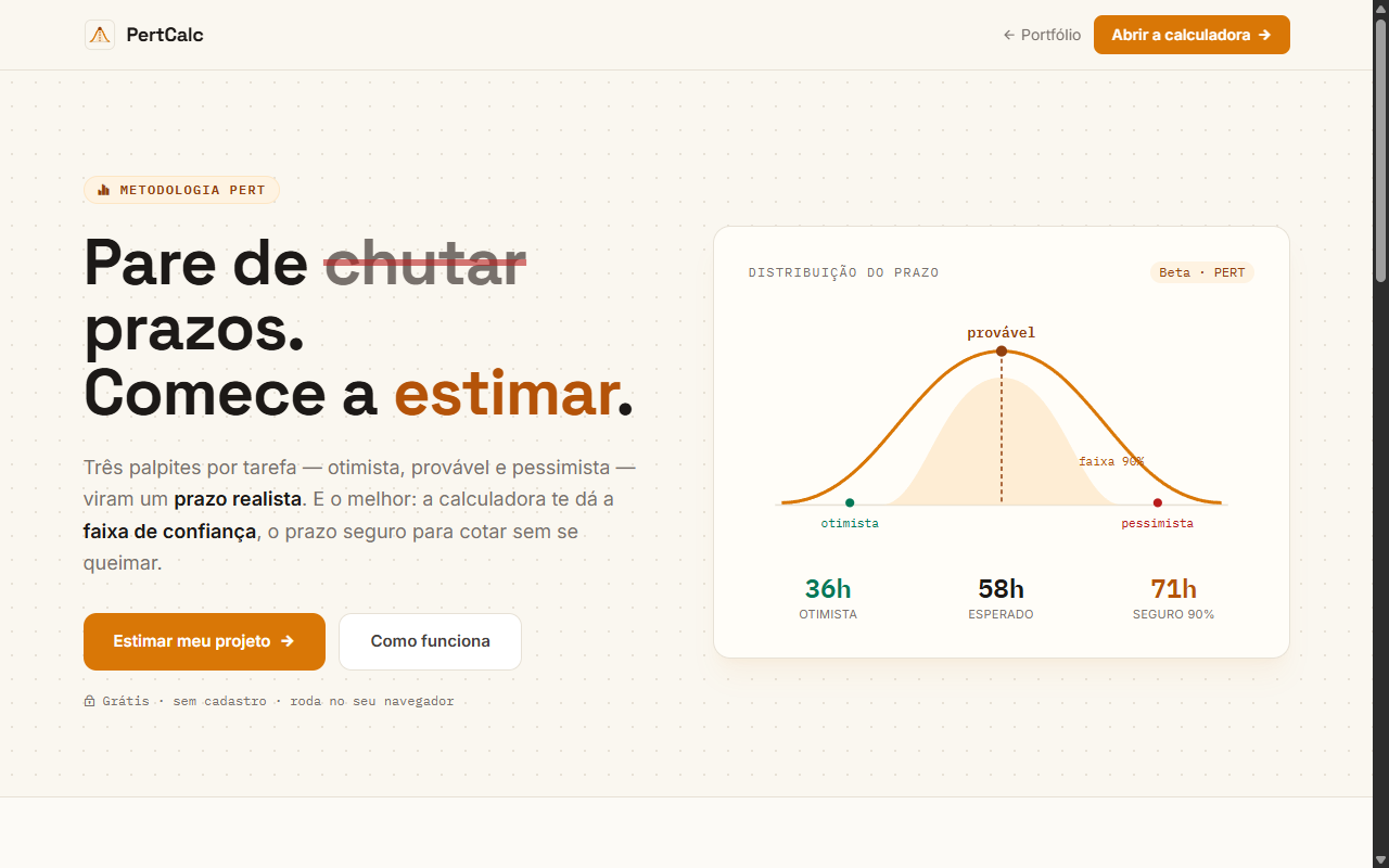 PertCalc — calculadora PERT com curva de distribuição e prazo seguro de 90%