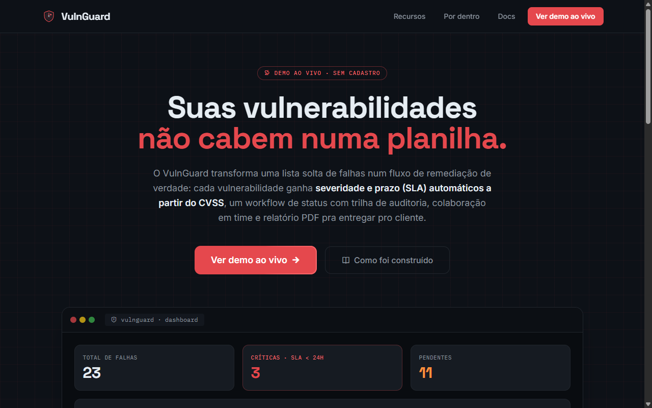 VulnGuard — dashboard de gestão de vulnerabilidades com severidade e SLA