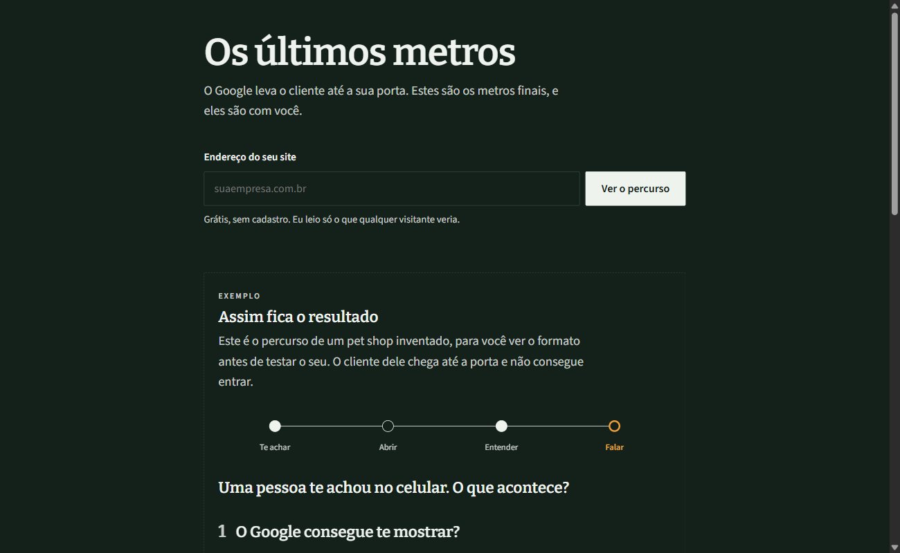 Últimos Metros — percurso do cliente até o negócio em 4 atos, com o ato que trava apontado